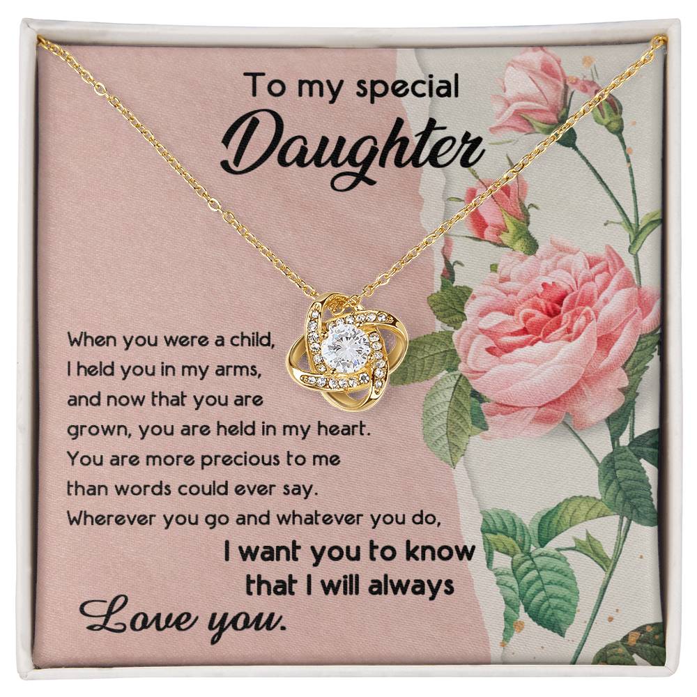 To My Daughter, I held You In My Arms Dazzling Love Knot Necklace