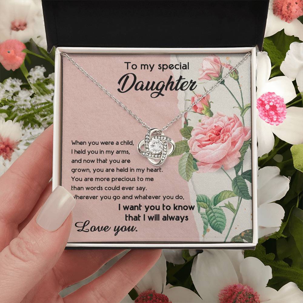 To My Daughter, I held You In My Arms Dazzling Love Knot Necklace