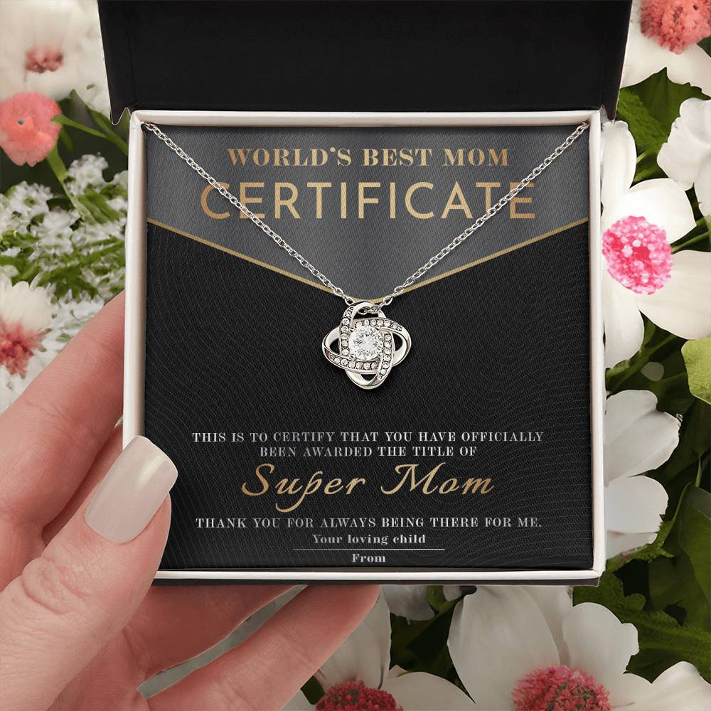 Mom- Certificate of World's Best Mom Dazzling Love Knot Necklace