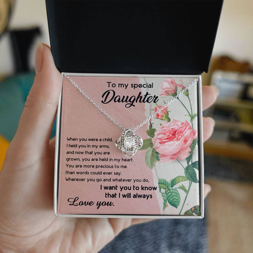 To My Daughter, I held You In My Arms Dazzling Love Knot Necklace