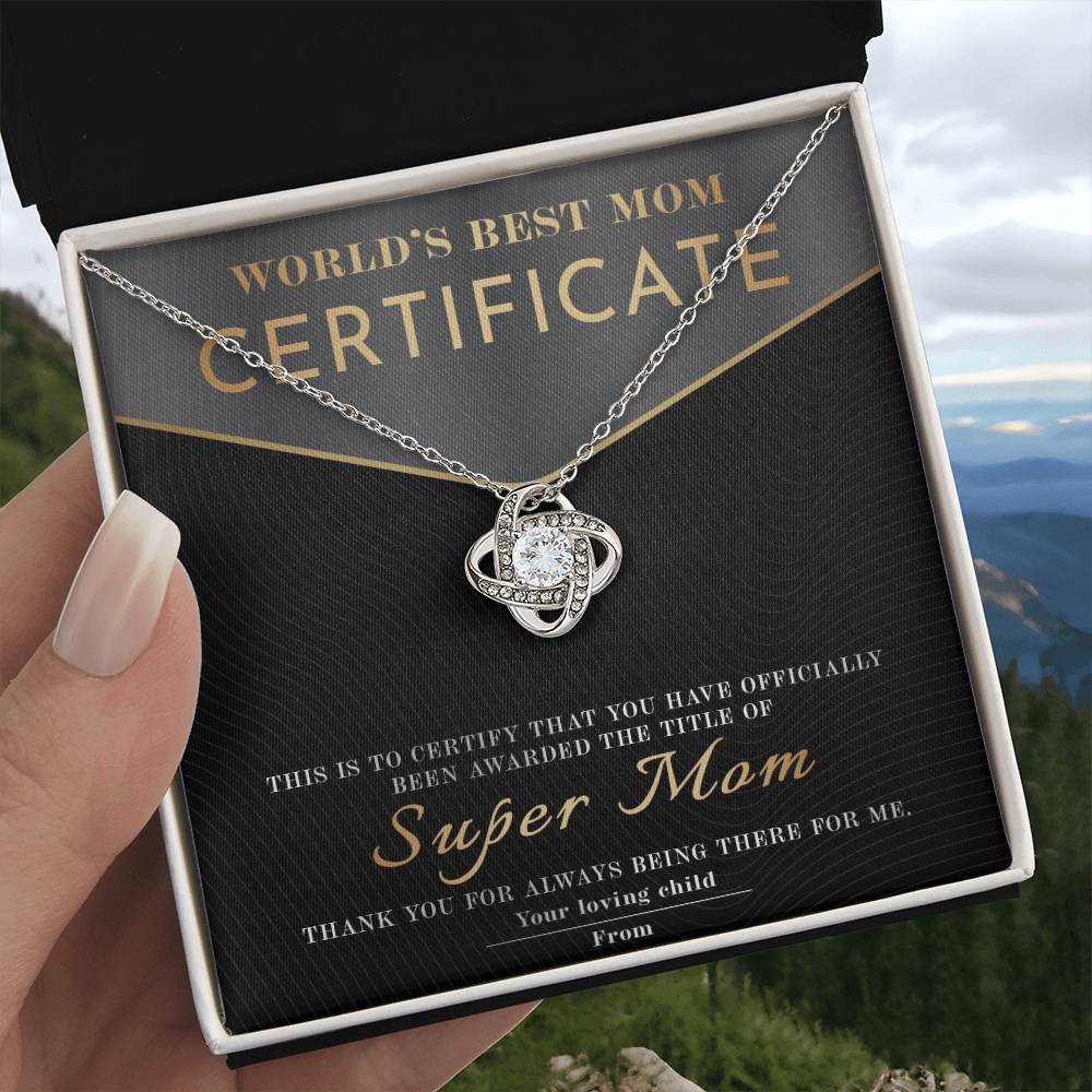Mom- Certificate of World's Best Mom Dazzling Love Knot Necklace