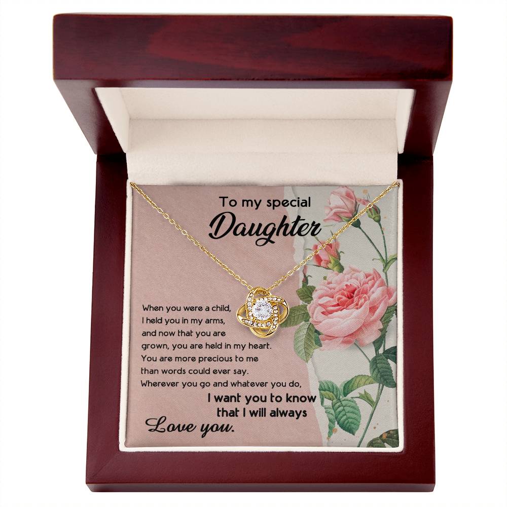 To My Daughter, I held You In My Arms Dazzling Love Knot Necklace