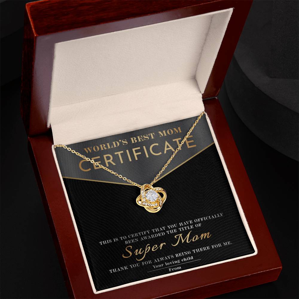 Mom- Certificate of World's Best Mom Dazzling Love Knot Necklace