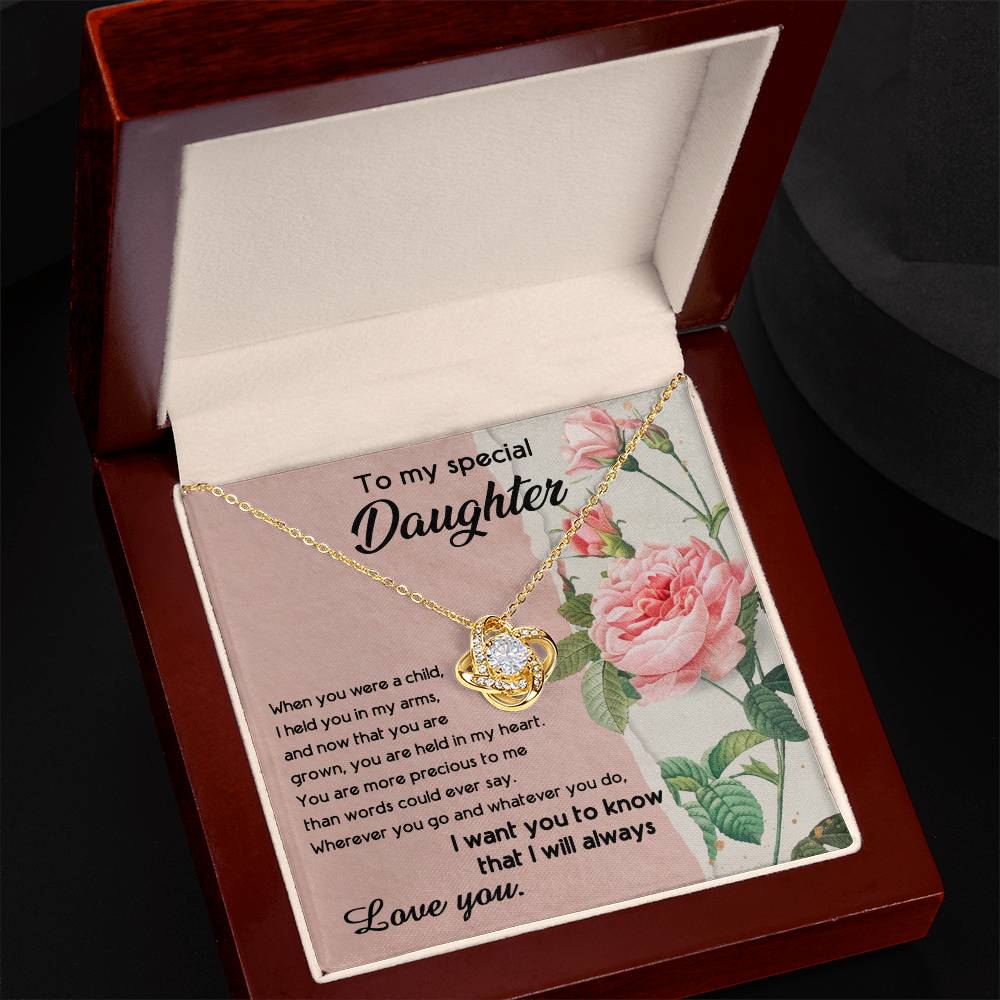 To My Daughter, I held You In My Arms Dazzling Love Knot Necklace