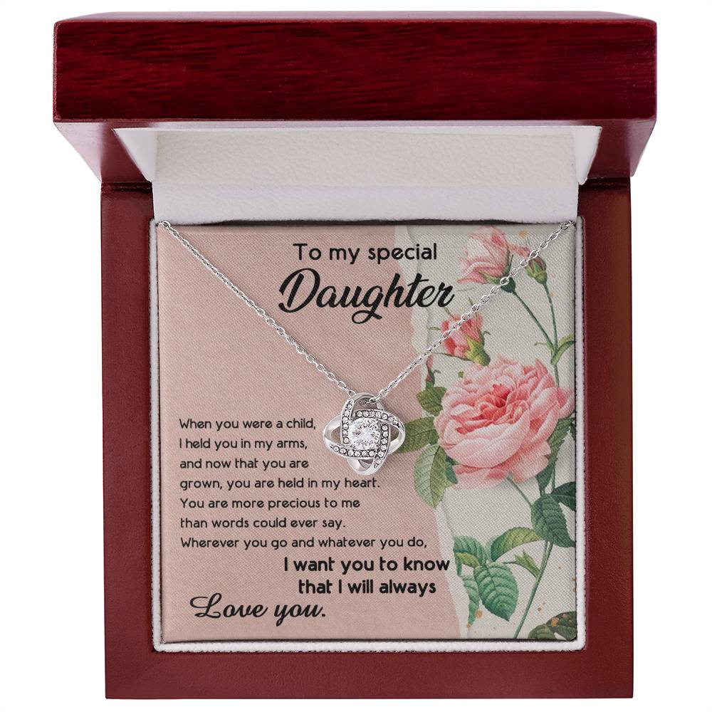To My Daughter, I held You In My Arms Dazzling Love Knot Necklace