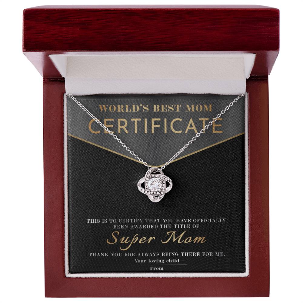 Mom- Certificate of World's Best Mom Dazzling Love Knot Necklace