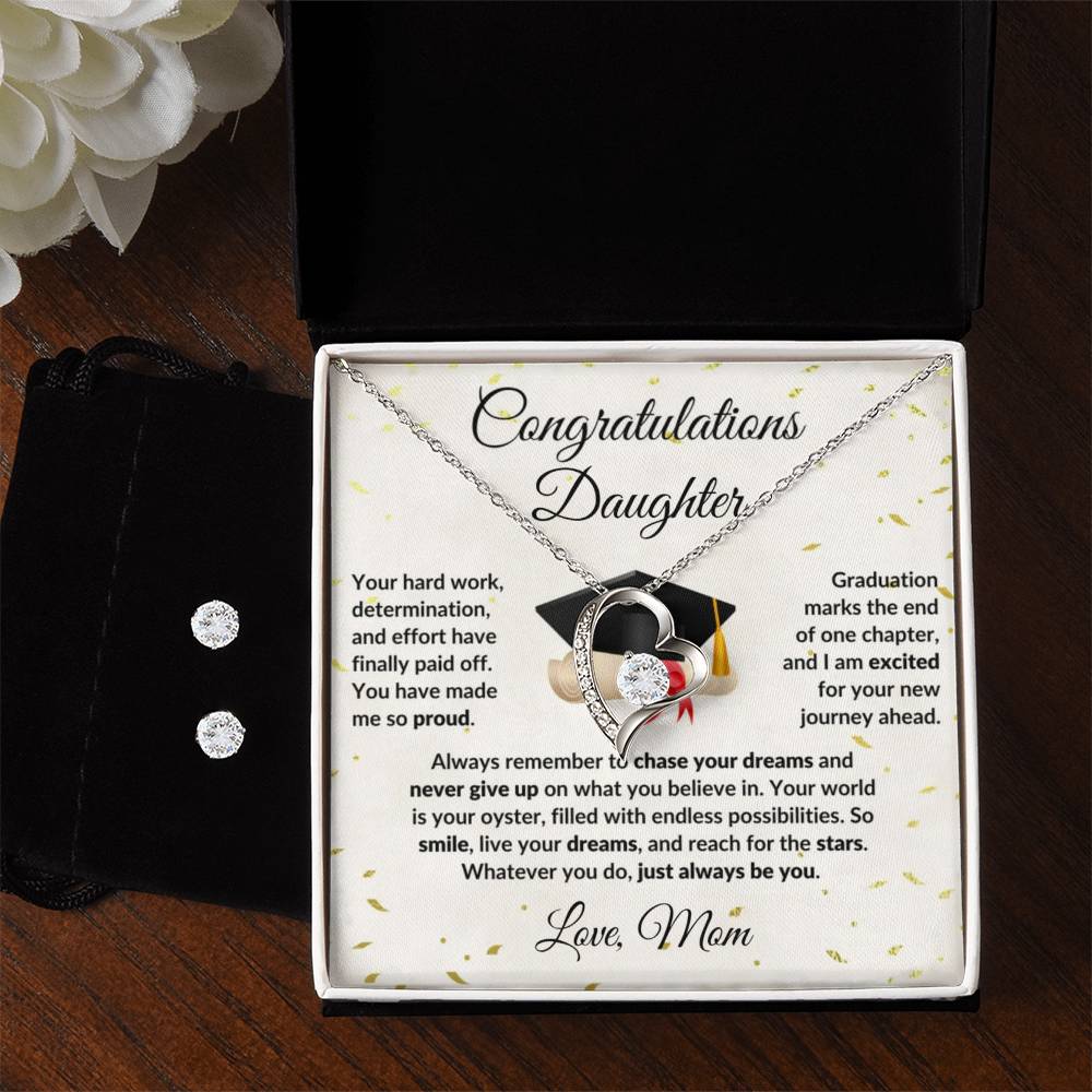 Daughter Graduation Gift Forever Love Heart Pendant Necklace and Earring Set