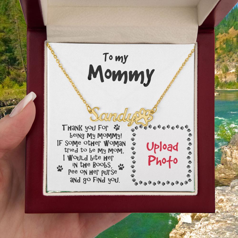 Dog Mom Funny Custom Paw Print Name and Photo Upload Necklace