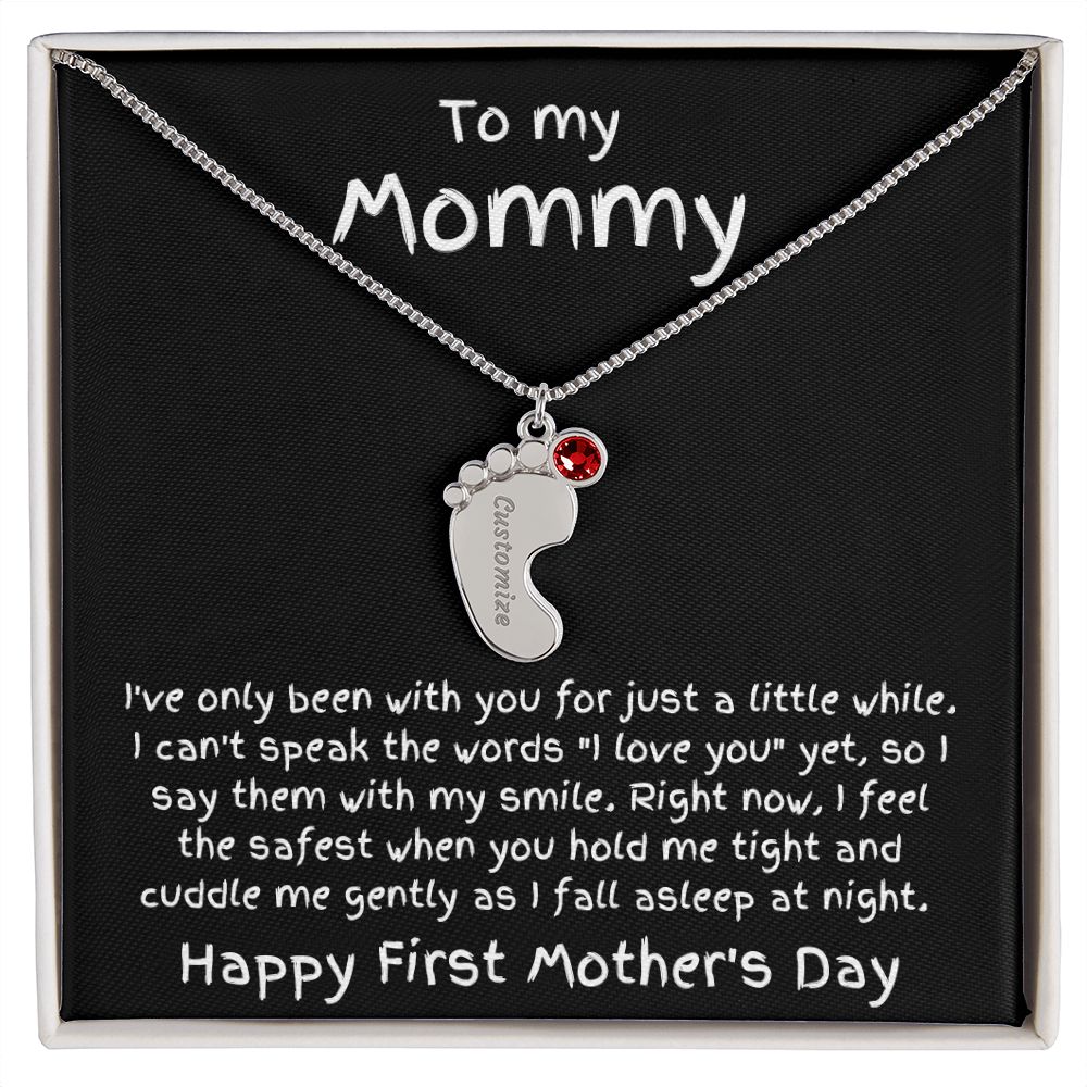 New Mom First Mother's Day Gift Engraved Baby Feet Birthstone Charm Necklace