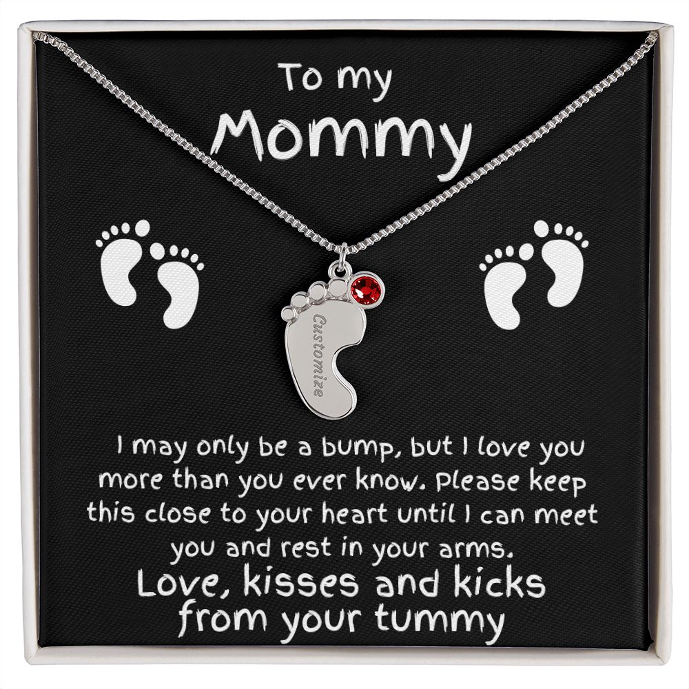 Expectant Mom Gift from the Bump Engraved Baby Feet Birthstone Charm Necklace