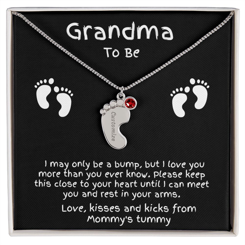 Grandma to Be Baby Feet Engraved Birthstone Charm Necklace