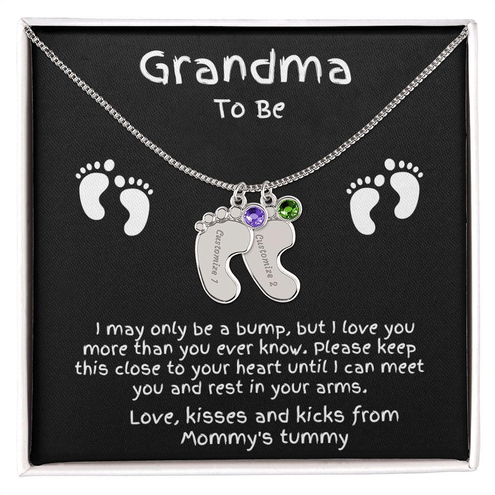 Grandma to Be Baby Feet Engraved Birthstone Charm Necklace