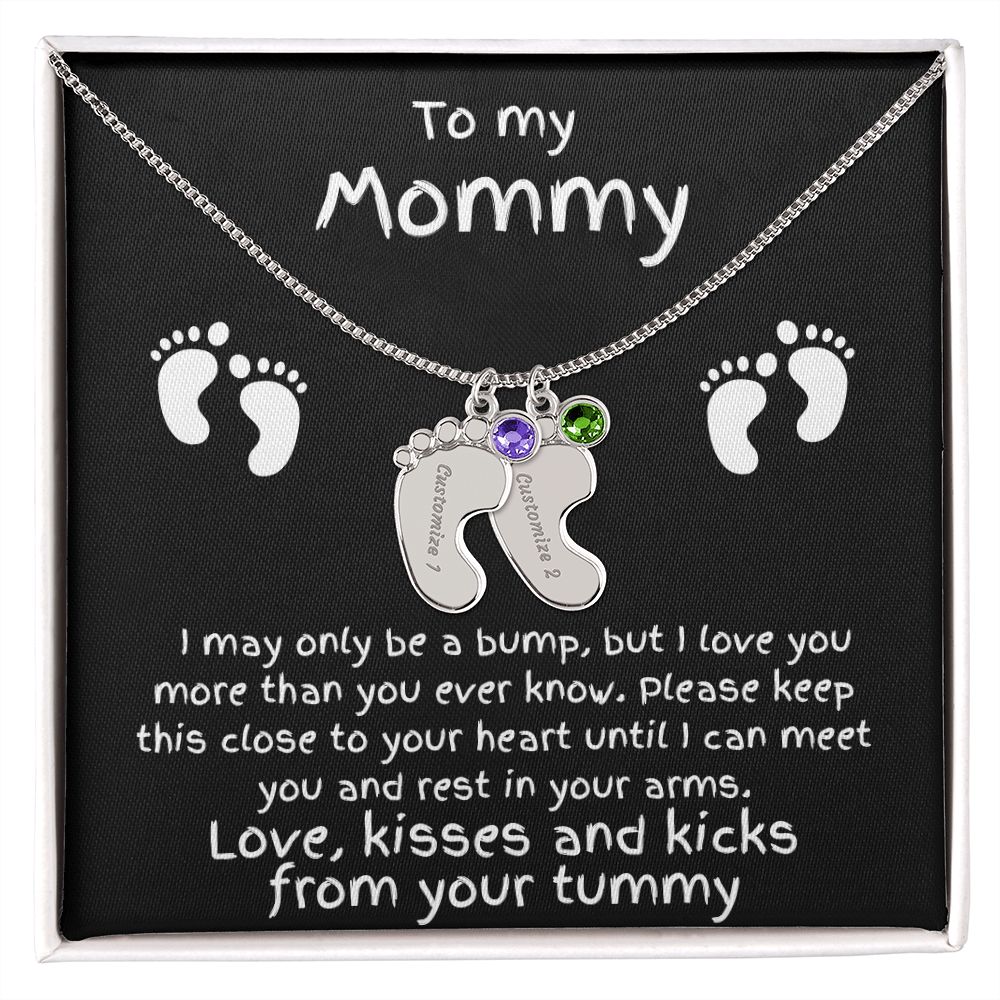 Expectant Mom Gift from the Bump Engraved Baby Feet Birthstone Charm Necklace