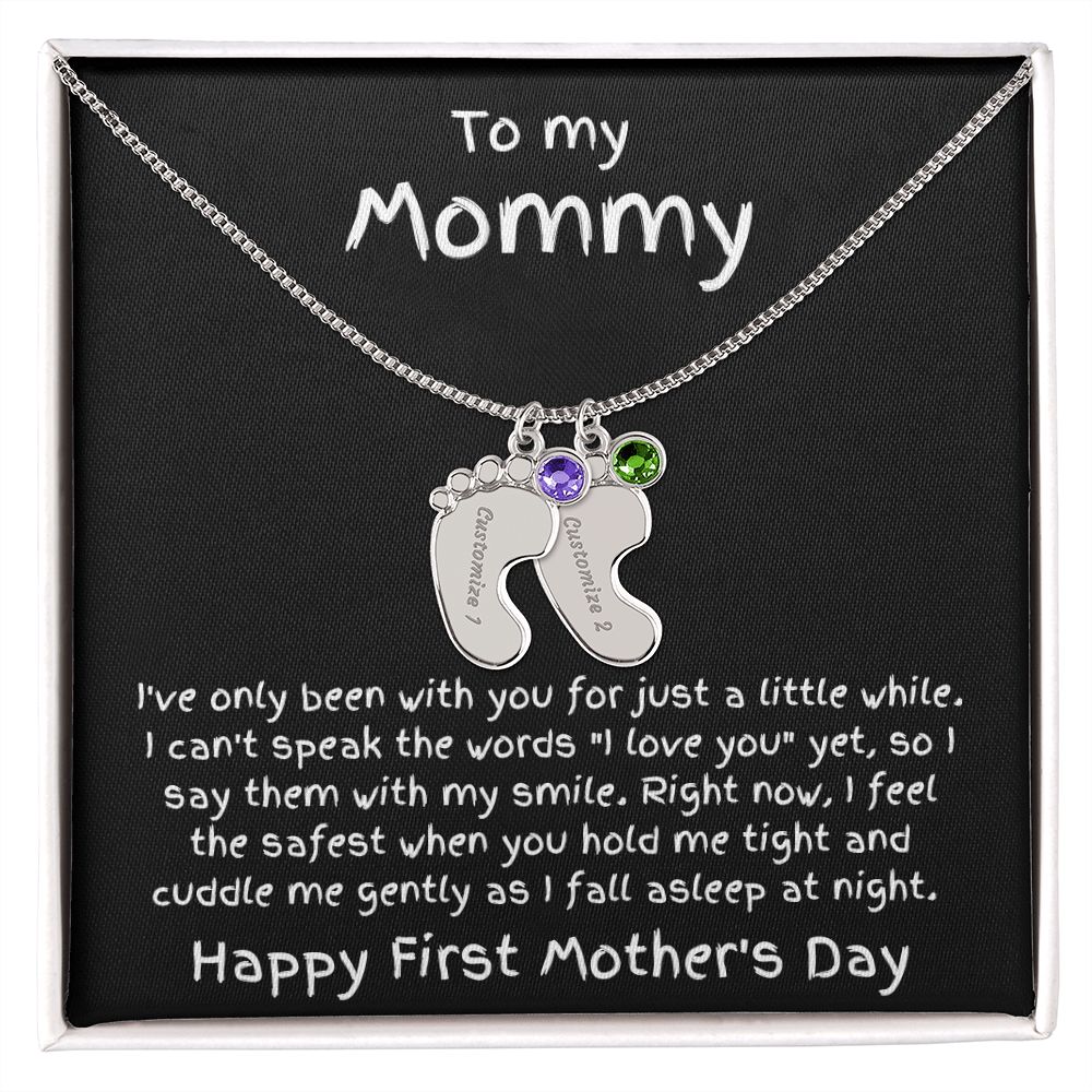 New Mom First Mother's Day Gift Engraved Baby Feet Birthstone Charm Necklace