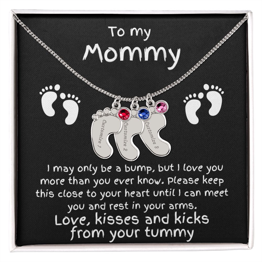 Expectant Mom Gift from the Bump Engraved Baby Feet Birthstone Charm Necklace