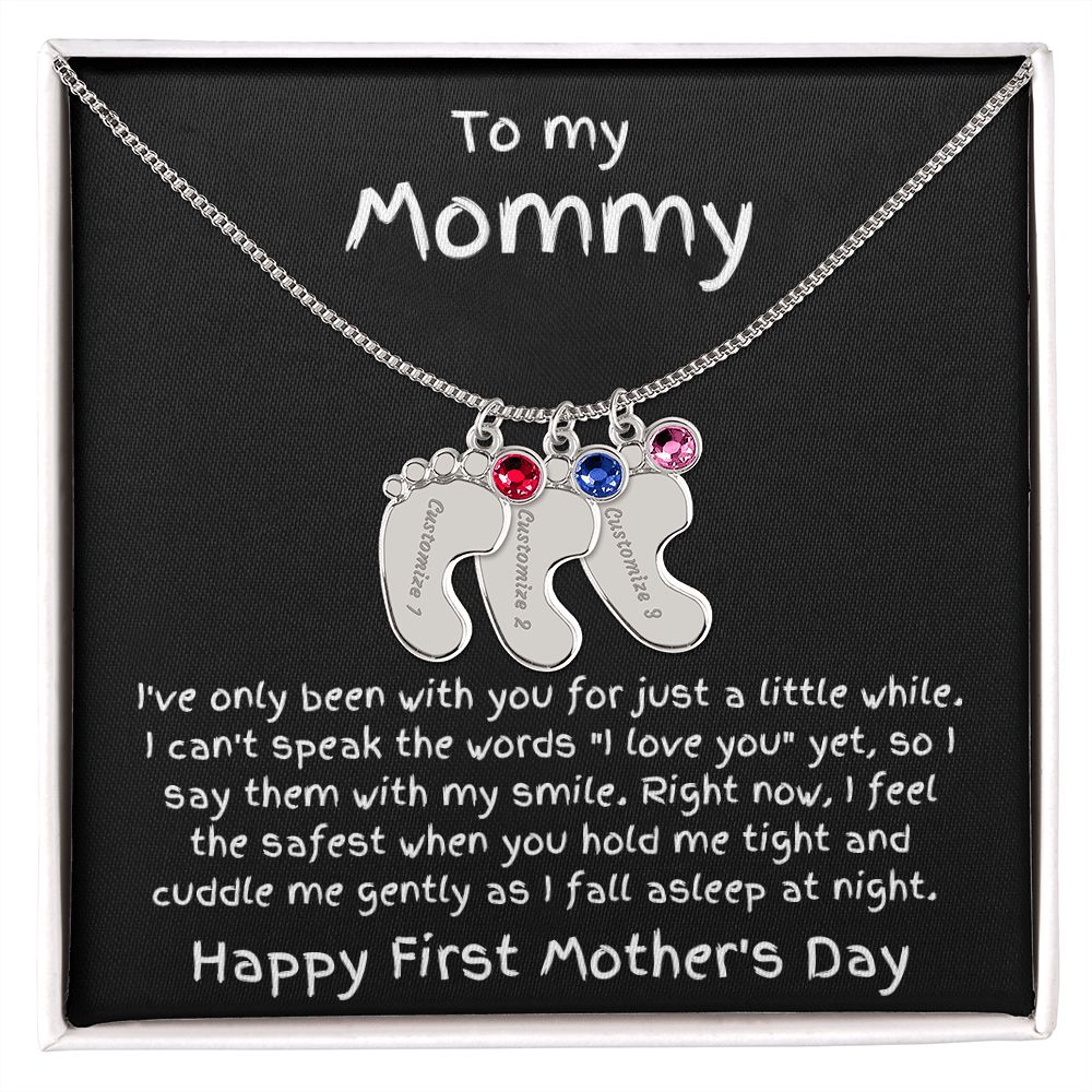 New Mom First Mother's Day Gift Engraved Baby Feet Birthstone Charm Necklace