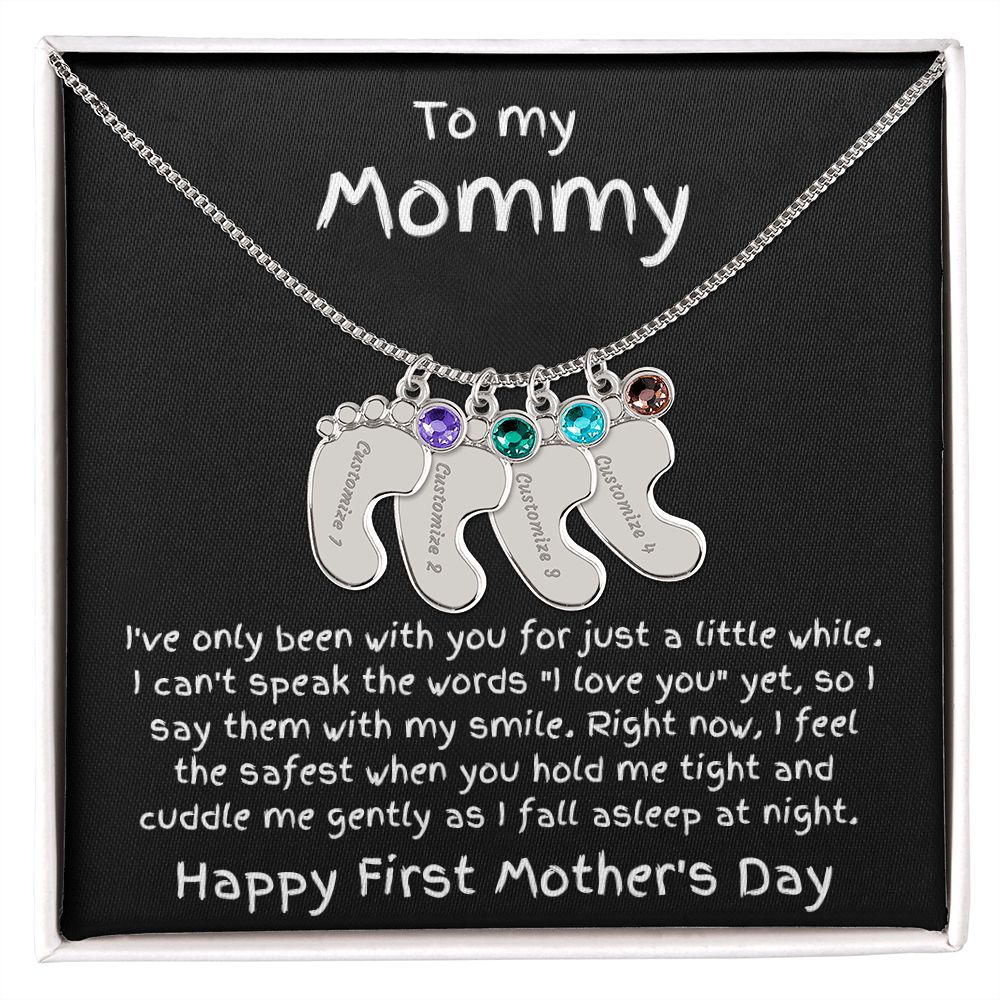 New Mom First Mother's Day Gift Engraved Baby Feet Birthstone Charm Necklace