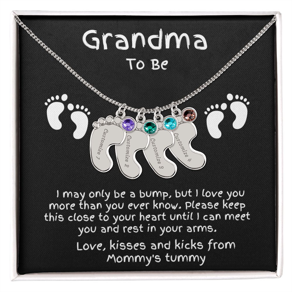Grandma to Be Baby Feet Engraved Birthstone Charm Necklace
