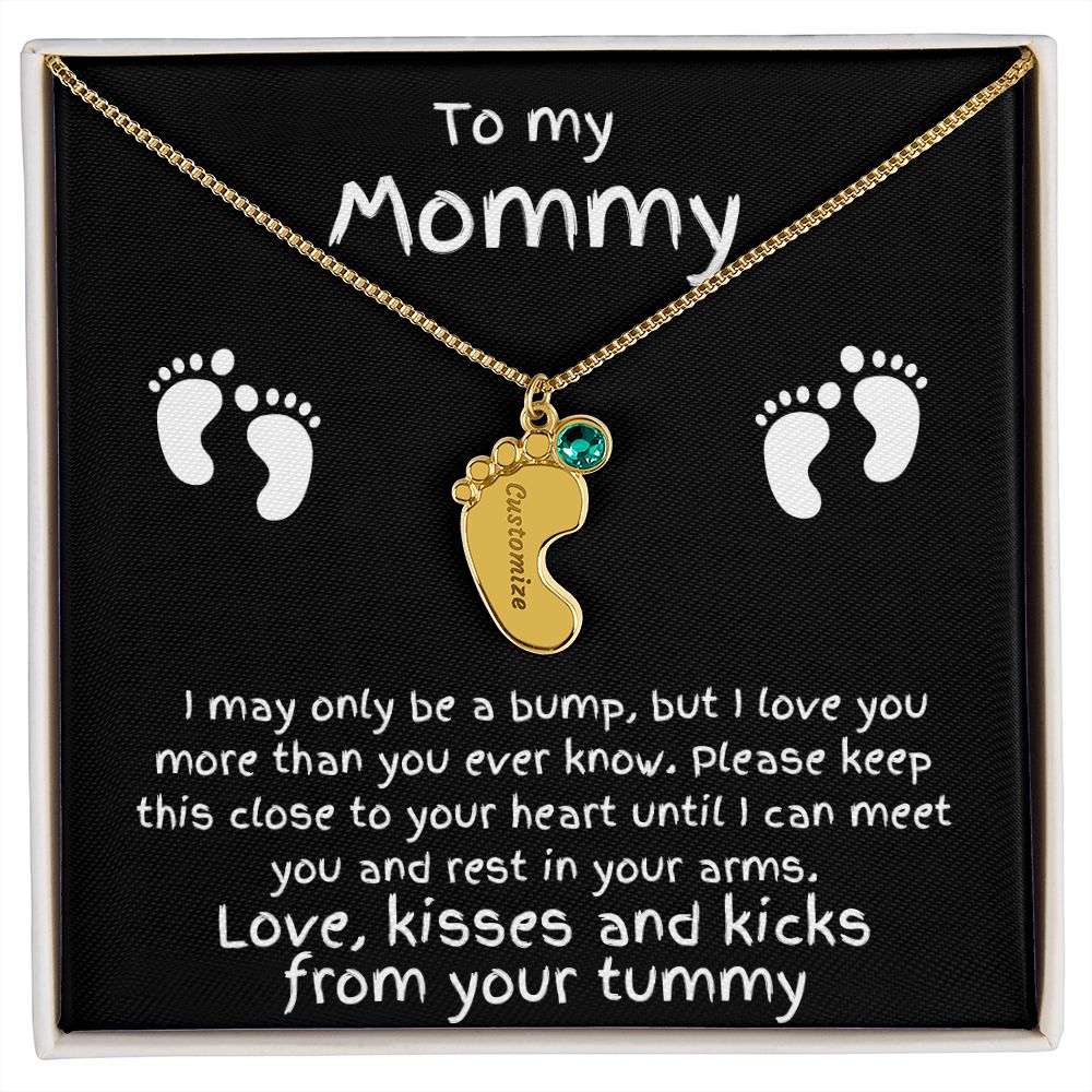 Expectant Mom Gift from the Bump Engraved Baby Feet Birthstone Charm Necklace