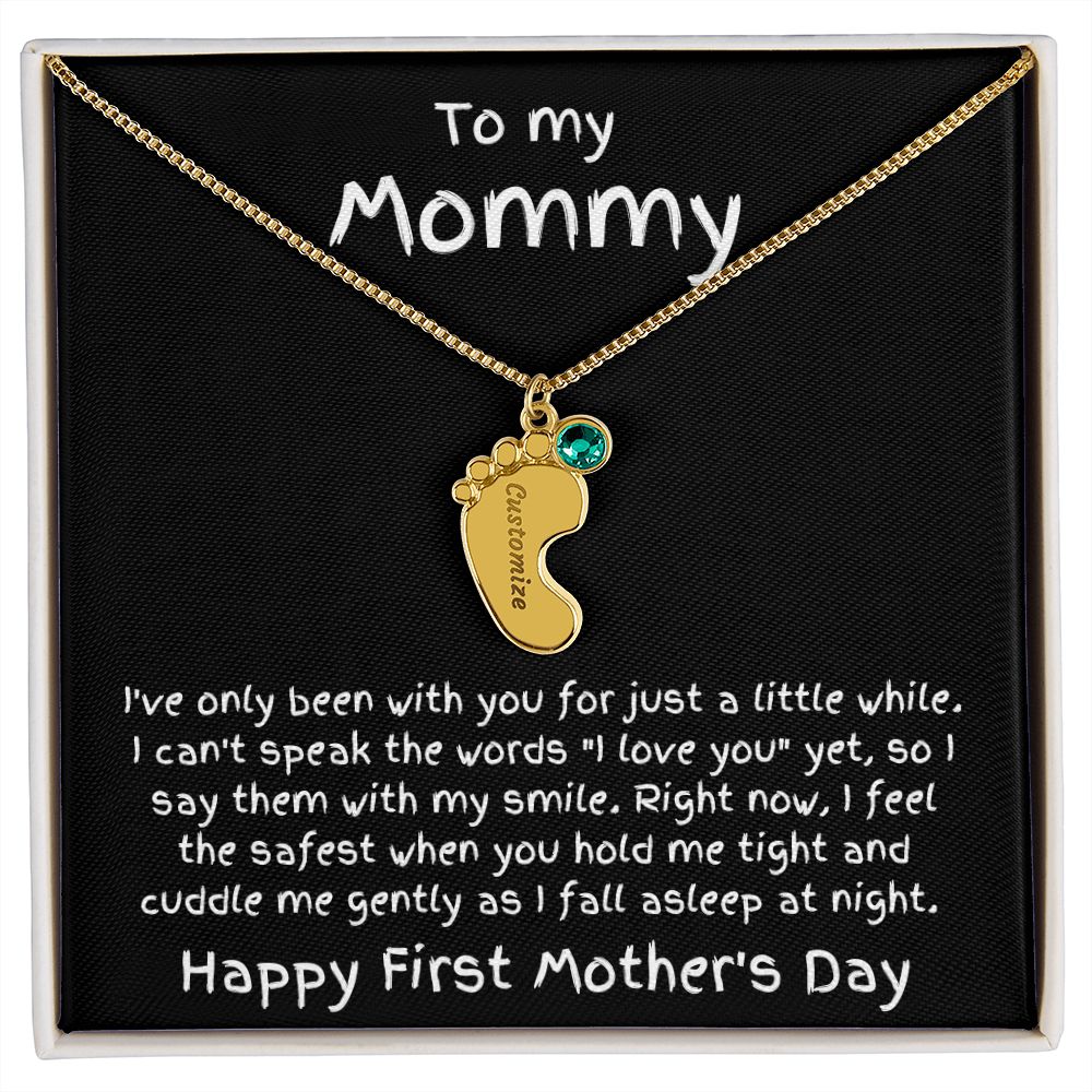 New Mom First Mother's Day Gift Engraved Baby Feet Birthstone Charm Necklace
