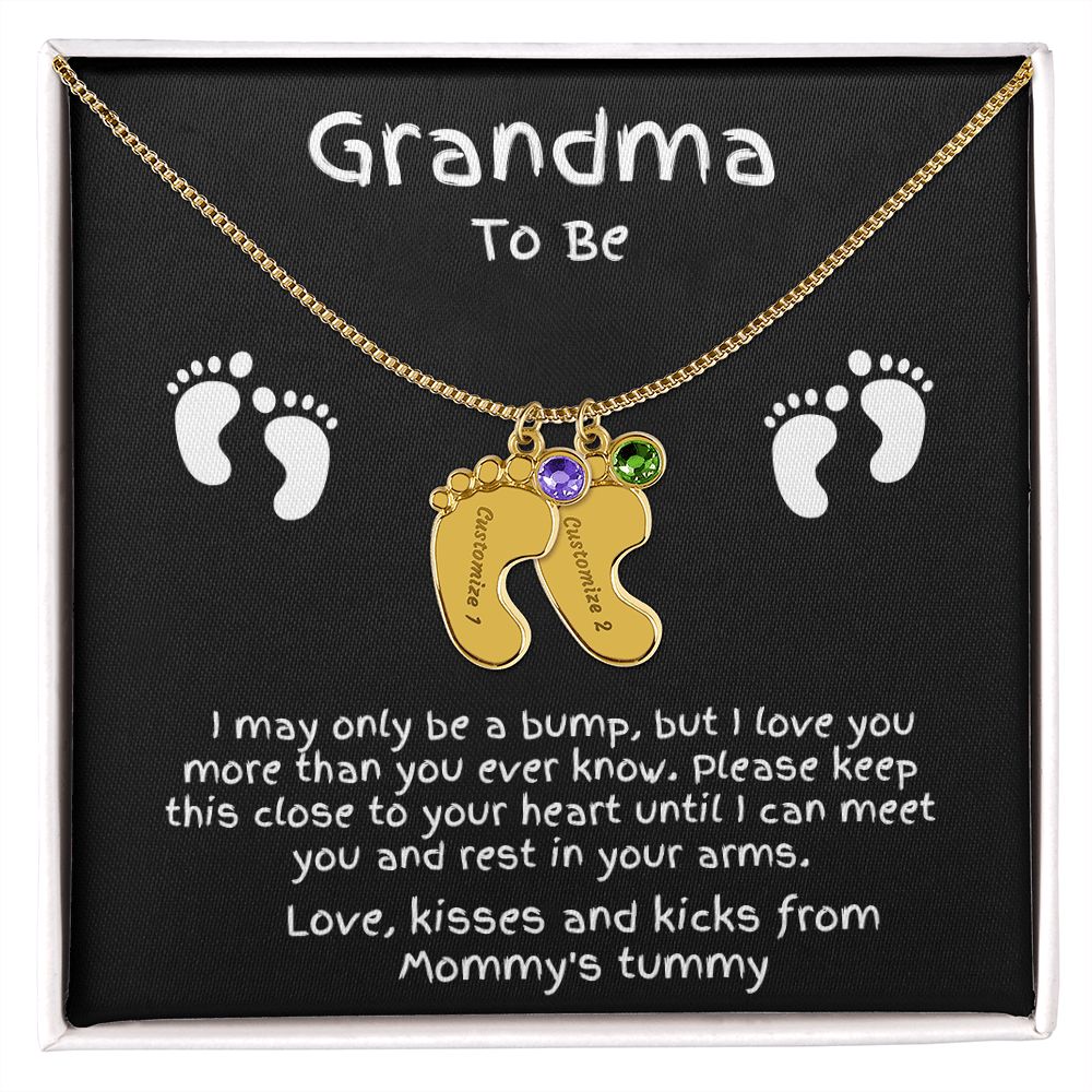 Grandma to Be Baby Feet Engraved Birthstone Charm Necklace