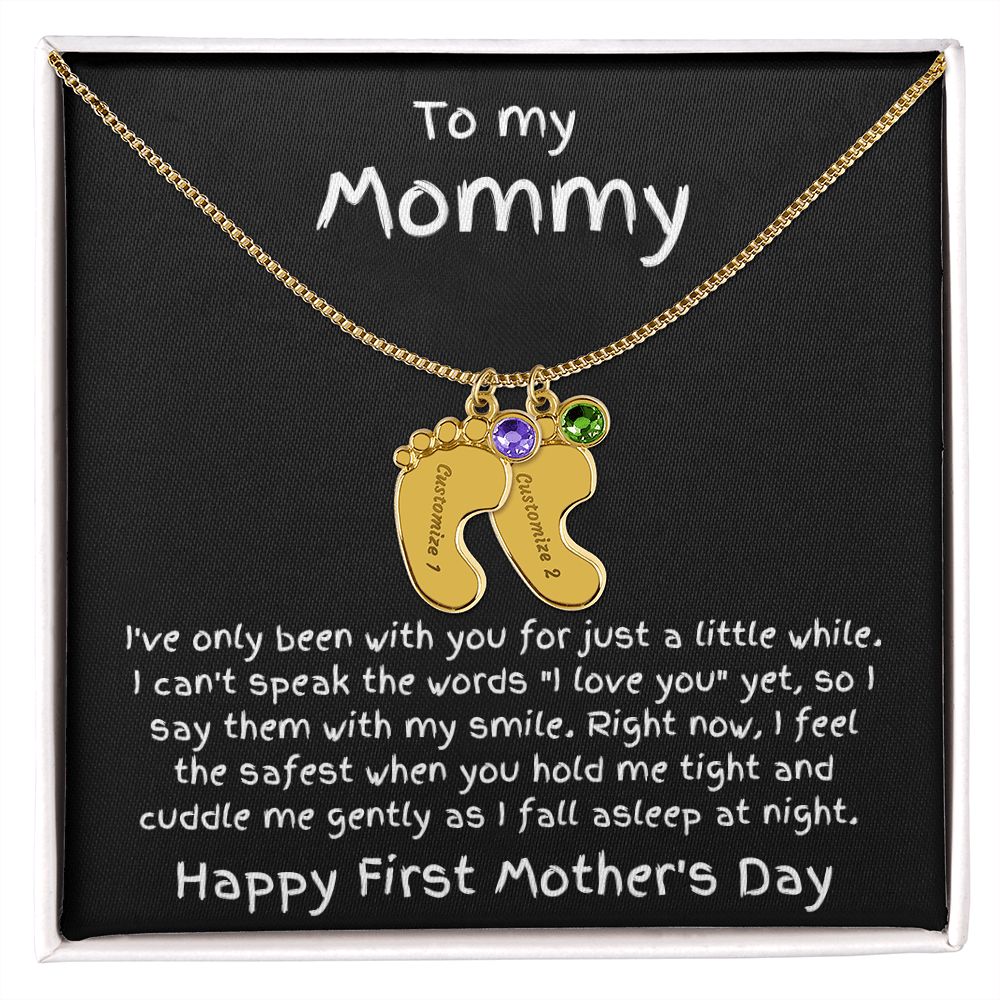 New Mom First Mother's Day Gift Engraved Baby Feet Birthstone Charm Necklace
