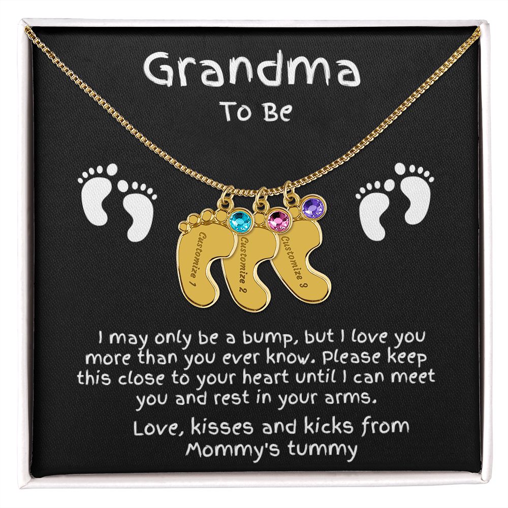 Grandma to Be Baby Feet Engraved Birthstone Charm Necklace