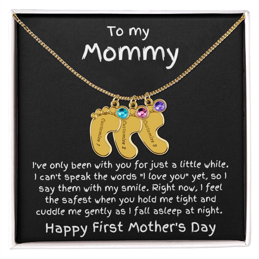 New Mom First Mother's Day Gift Engraved Baby Feet Birthstone Charm Necklace