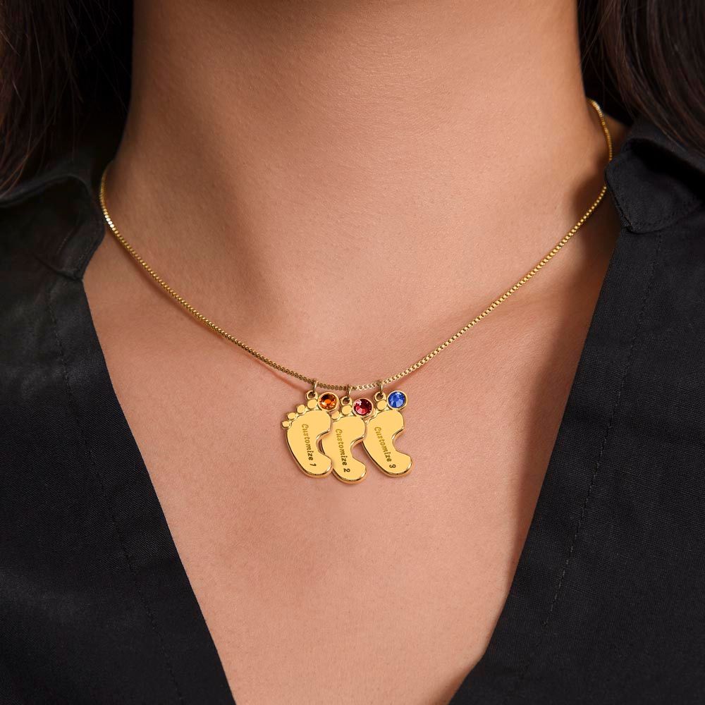 Grandma to Be Baby Feet Engraved Birthstone Charm Necklace