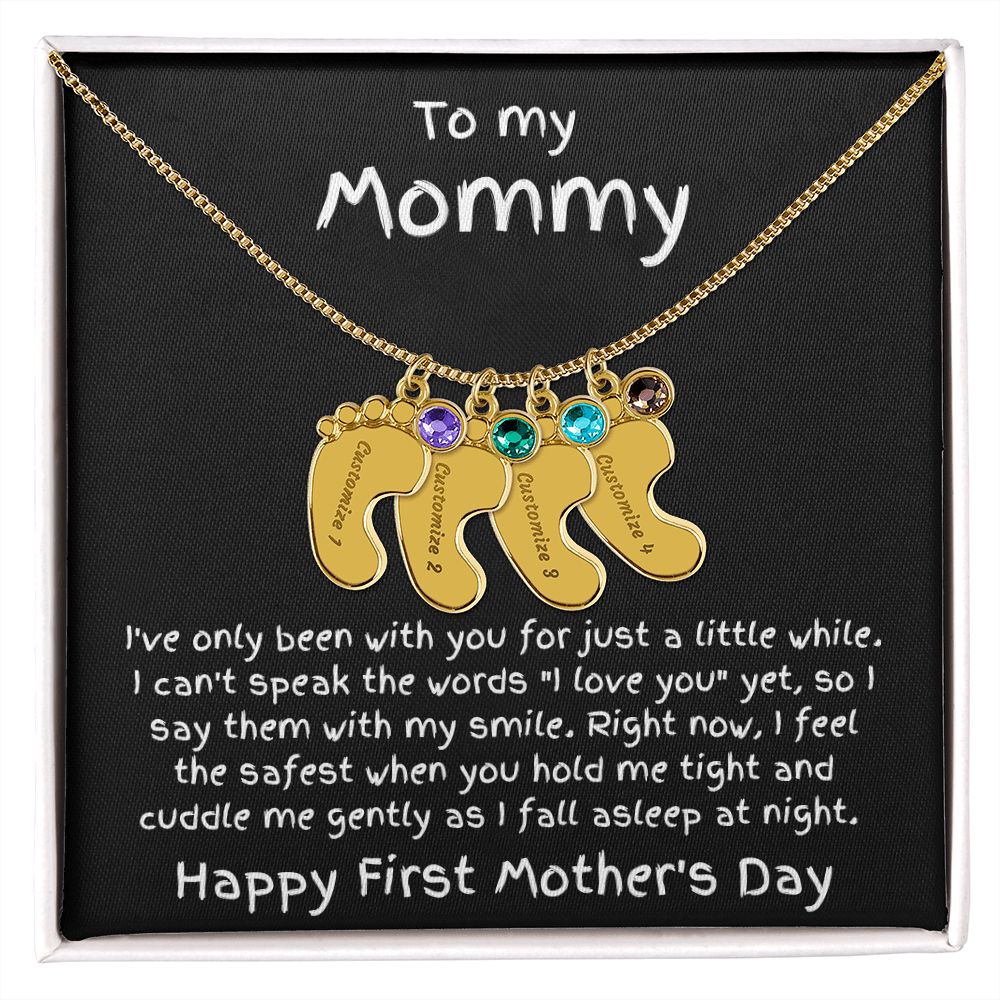 New Mom First Mother's Day Gift Engraved Baby Feet Birthstone Charm Necklace