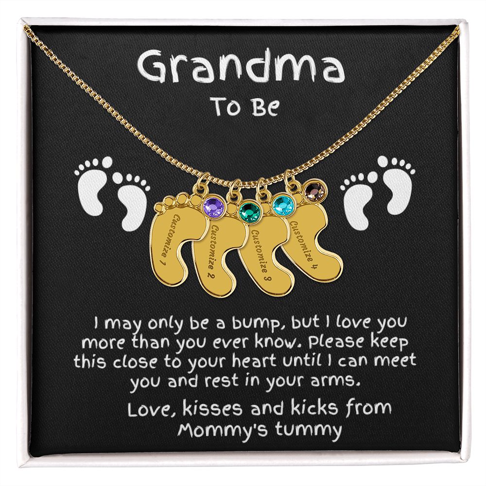 Grandma to Be Baby Feet Engraved Birthstone Charm Necklace