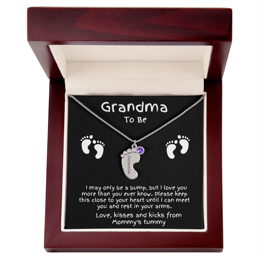 Grandma to Be Baby Feet Engraved Birthstone Charm Necklace
