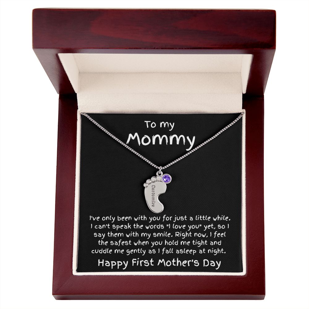 New Mom First Mother's Day Gift Engraved Baby Feet Birthstone Charm Necklace
