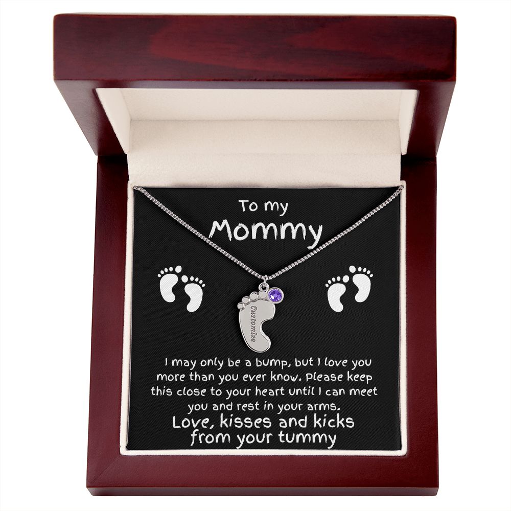 Expectant Mom Gift from the Bump Engraved Baby Feet Birthstone Charm Necklace
