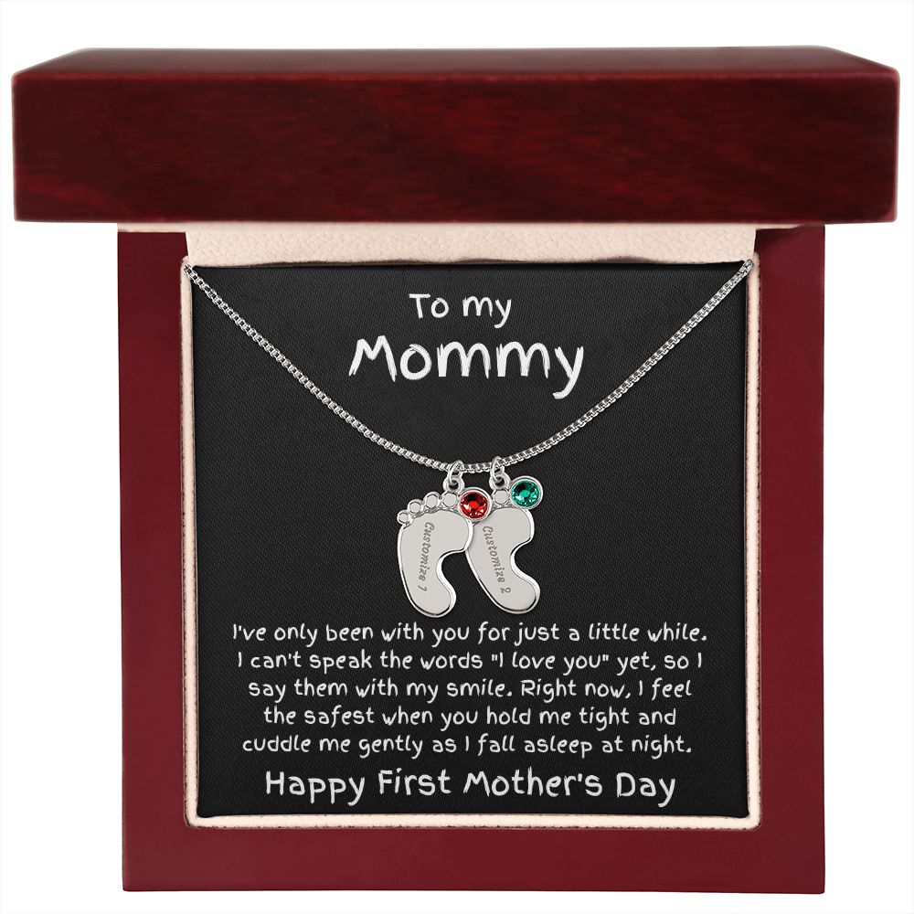 New Mom First Mother's Day Gift Engraved Baby Feet Birthstone Charm Necklace