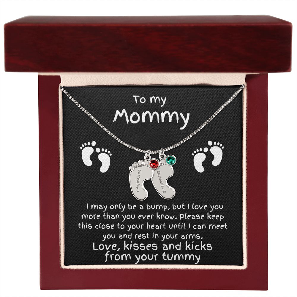 Expectant Mom Gift from the Bump Engraved Baby Feet Birthstone Charm Necklace