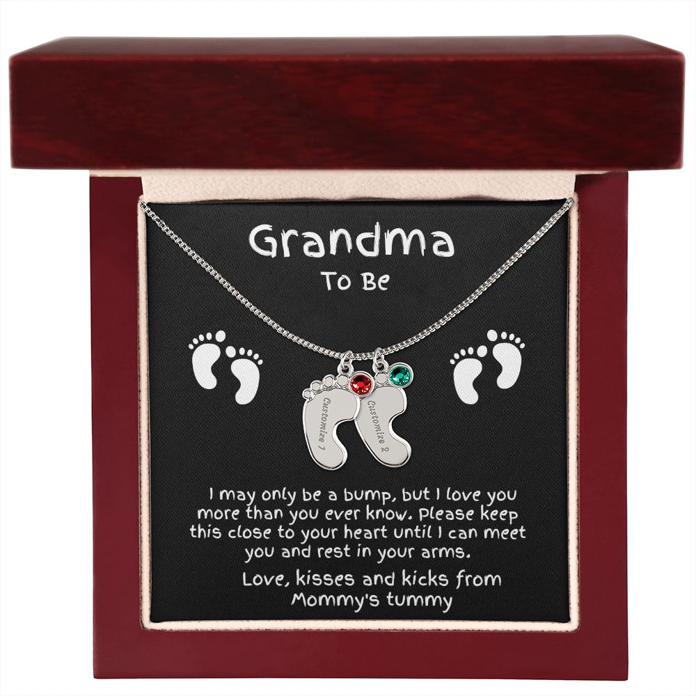 Grandma to Be Baby Feet Engraved Birthstone Charm Necklace
