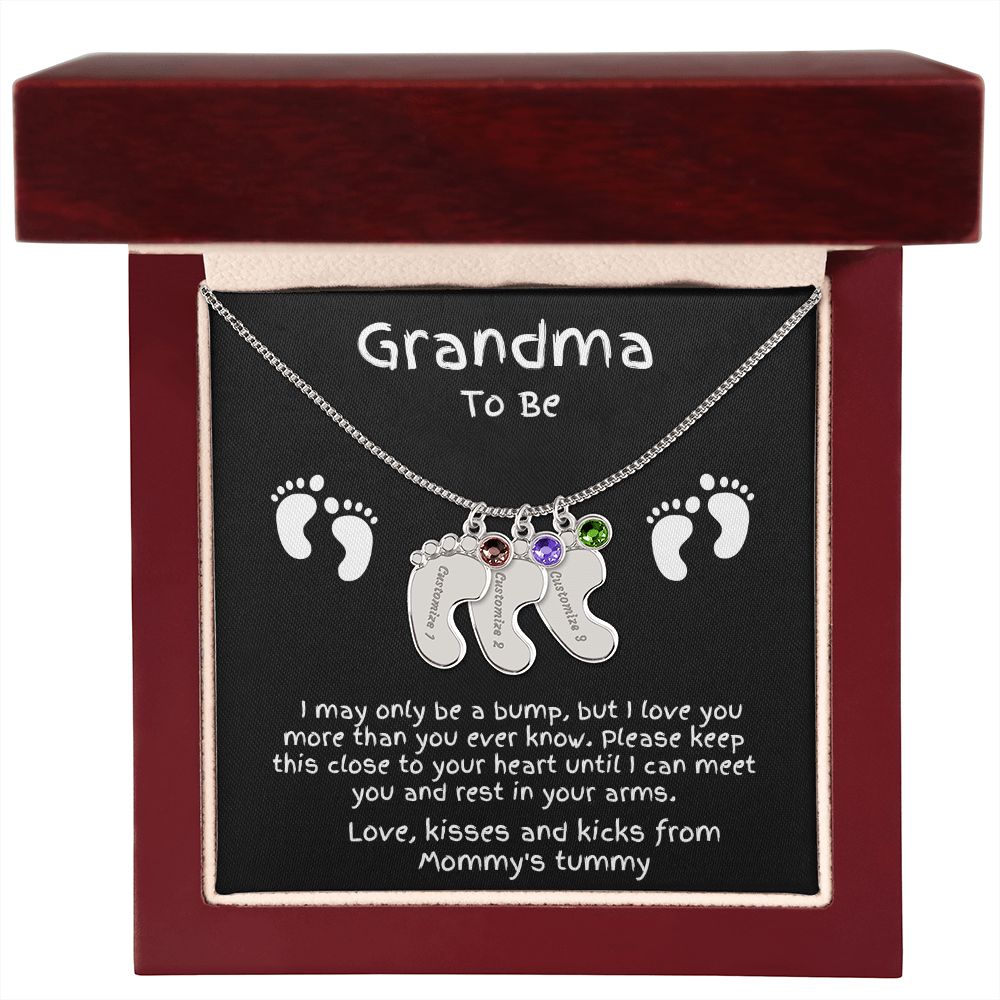 Grandma to Be Baby Feet Engraved Birthstone Charm Necklace