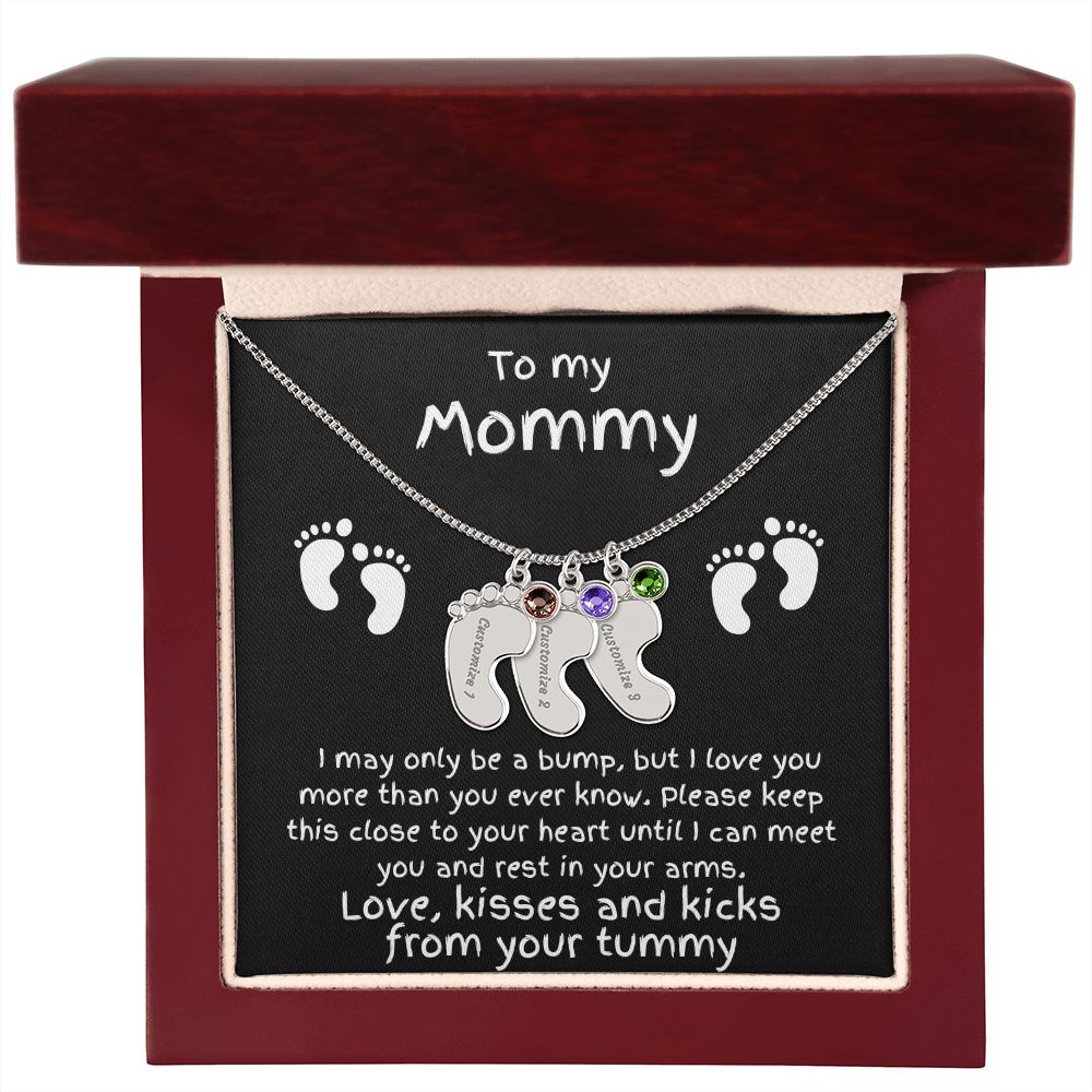 Expectant Mom Gift from the Bump Engraved Baby Feet Birthstone Charm Necklace