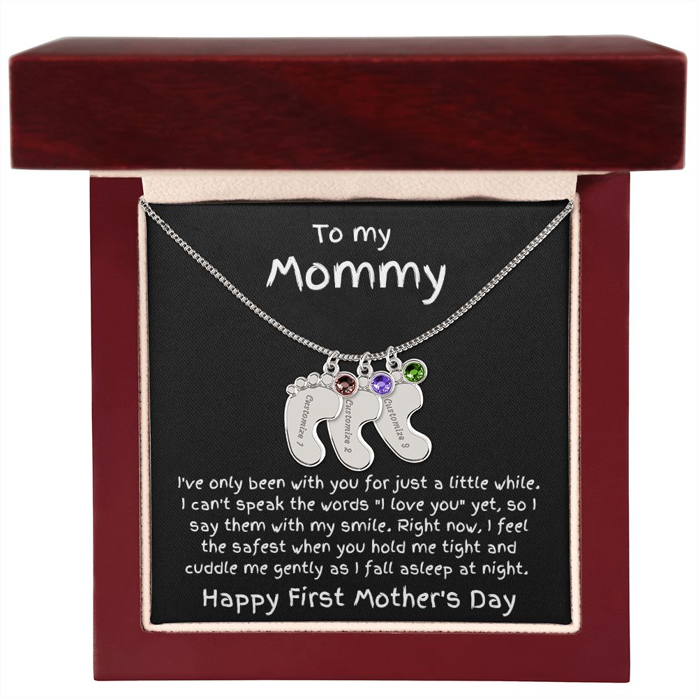 New Mom First Mother's Day Gift Engraved Baby Feet Birthstone Charm Necklace