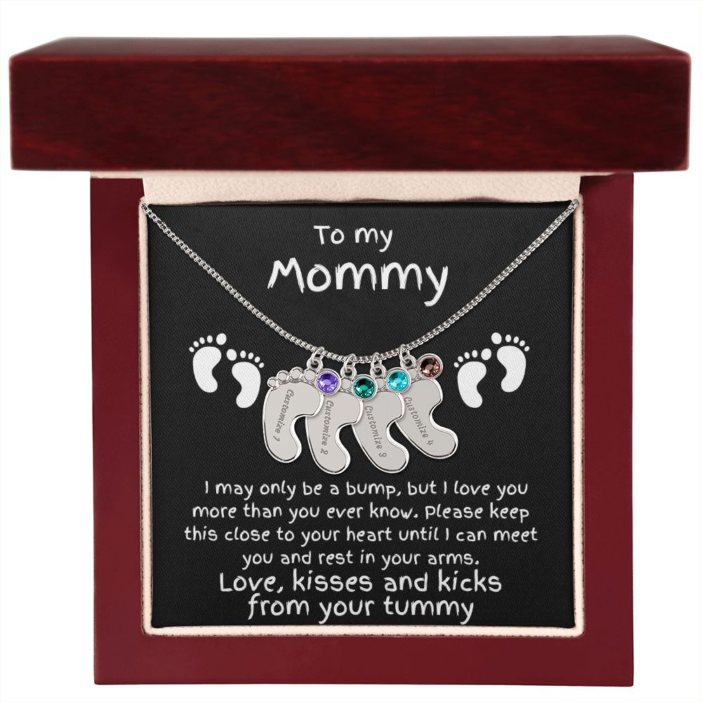 Expectant Mom Gift from the Bump Engraved Baby Feet Birthstone Charm Necklace