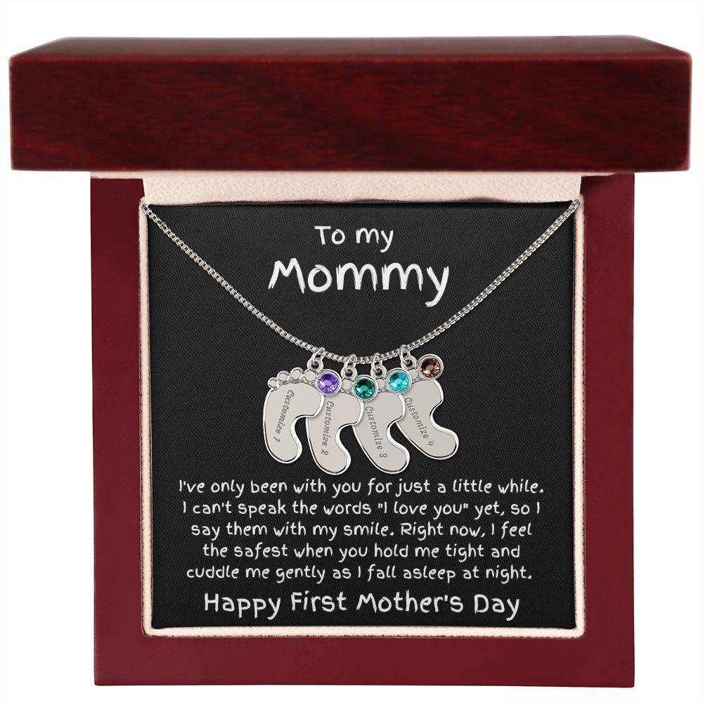 New Mom First Mother's Day Gift Engraved Baby Feet Birthstone Charm Necklace