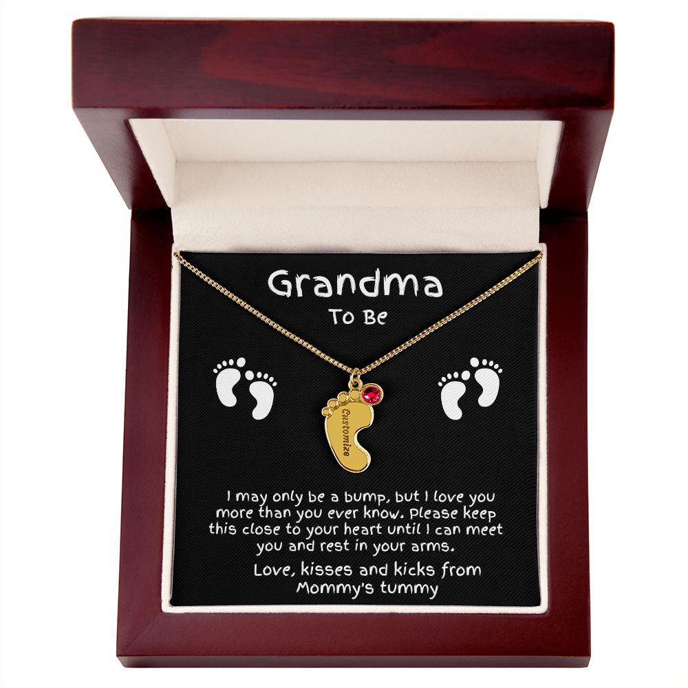 Grandma to Be Baby Feet Engraved Birthstone Charm Necklace