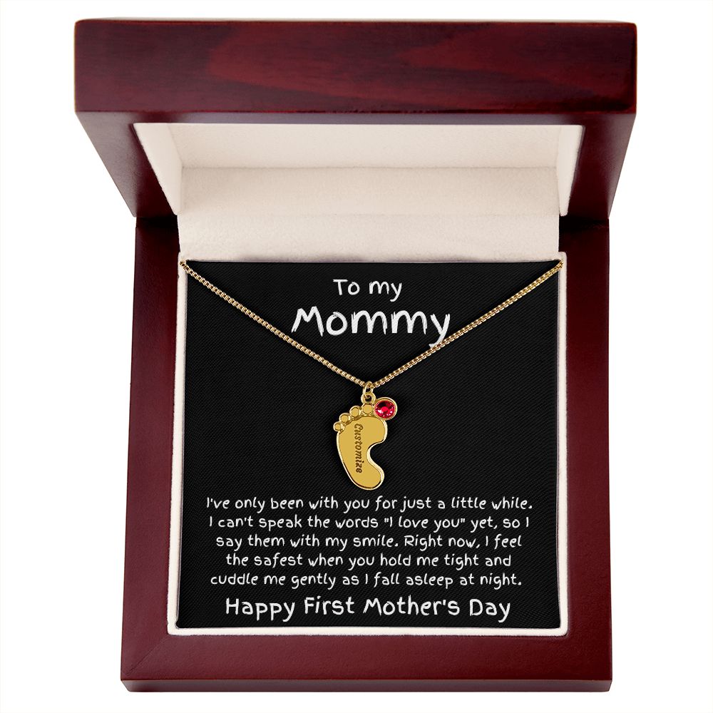 New Mom First Mother's Day Gift Engraved Baby Feet Birthstone Charm Necklace