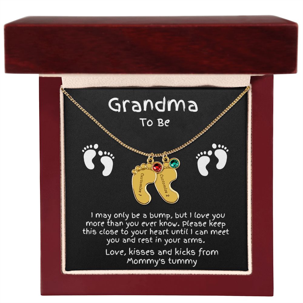 Grandma to Be Baby Feet Engraved Birthstone Charm Necklace