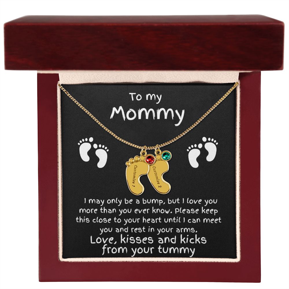 Expectant Mom Gift from the Bump Engraved Baby Feet Birthstone Charm Necklace