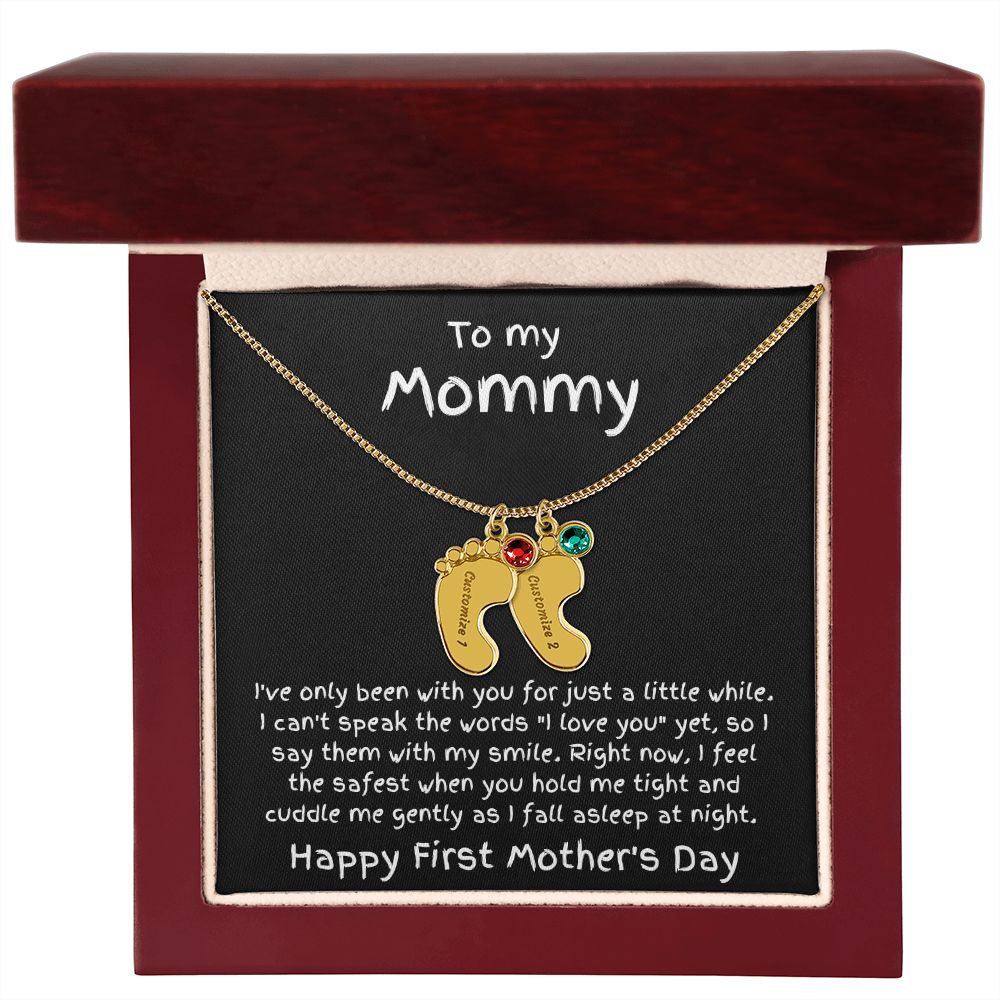 New Mom First Mother's Day Gift Engraved Baby Feet Birthstone Charm Necklace