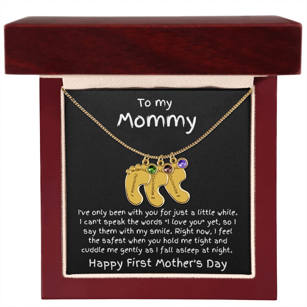 New Mom First Mother's Day Gift Engraved Baby Feet Birthstone Charm Necklace