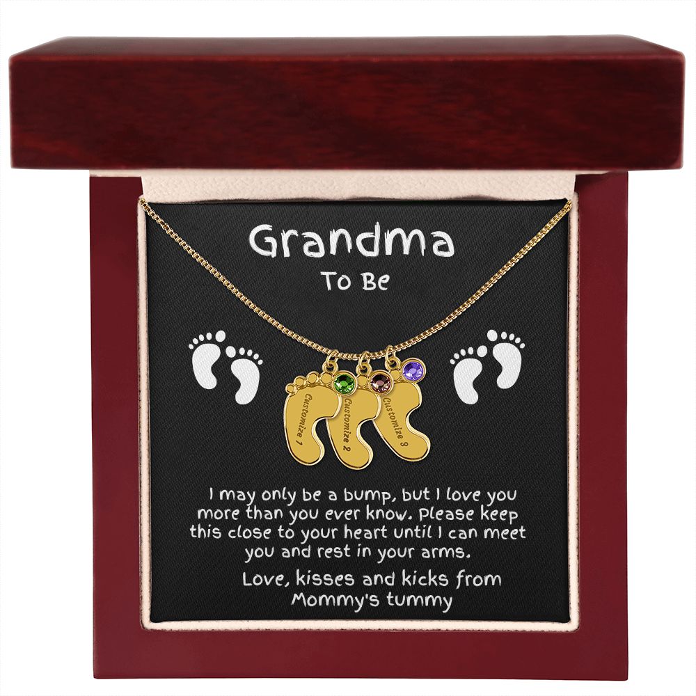 Grandma to Be Baby Feet Engraved Birthstone Charm Necklace
