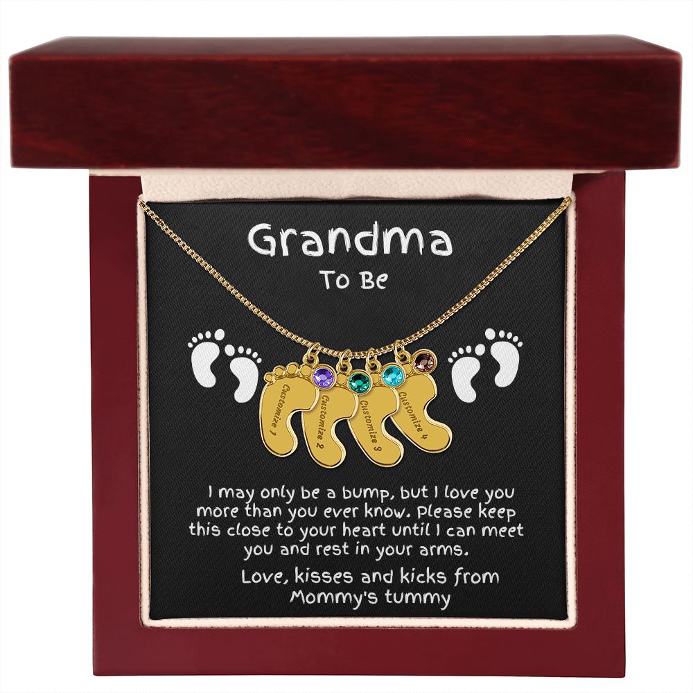 Grandma to Be Baby Feet Engraved Birthstone Charm Necklace